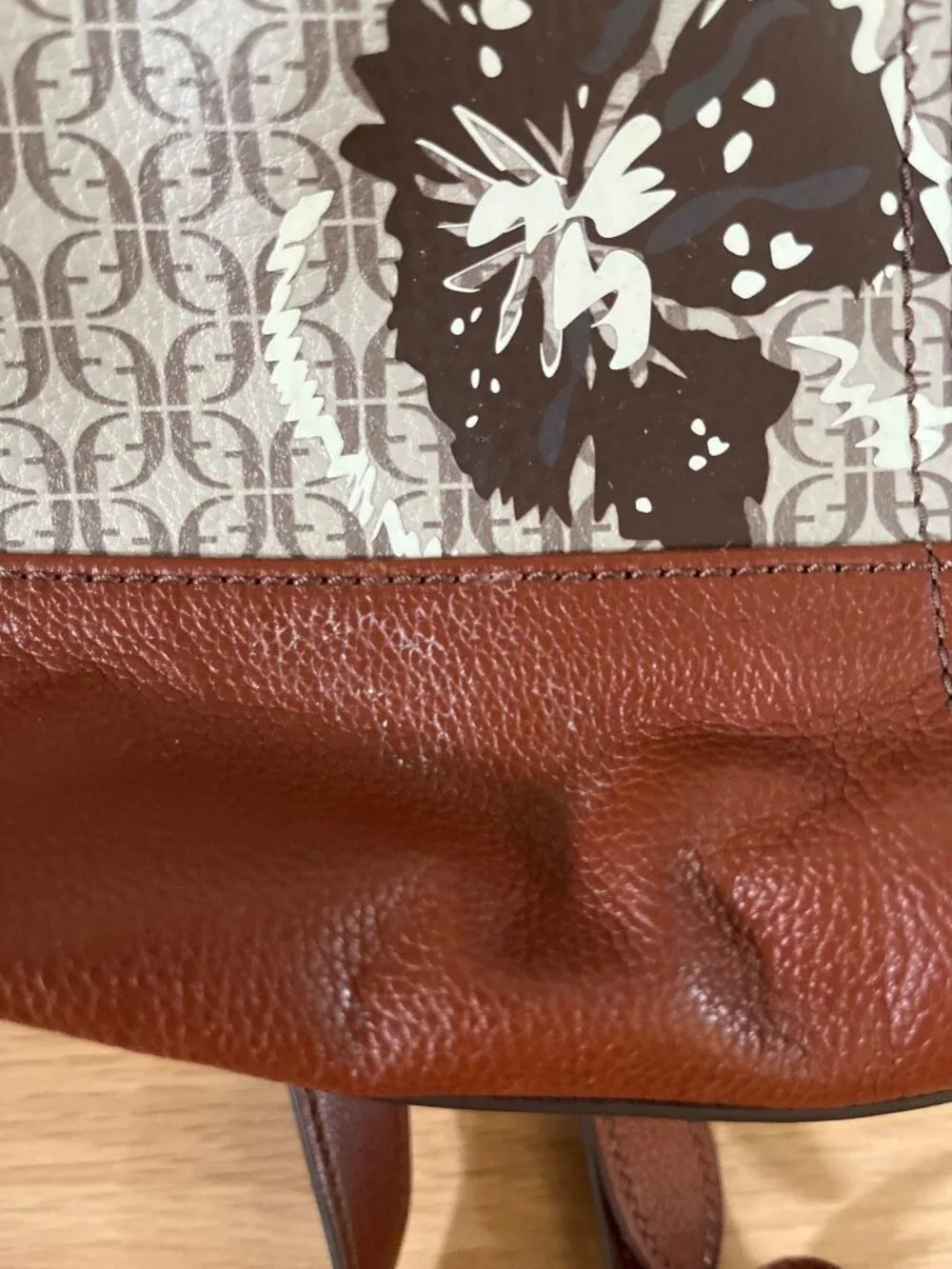 Fossil Elina Convertible Backpack Tan Cream Monogram Pattern With Floral Accents